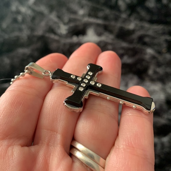 Black Layered CZ Cross Necklace - Picture 3 of 9